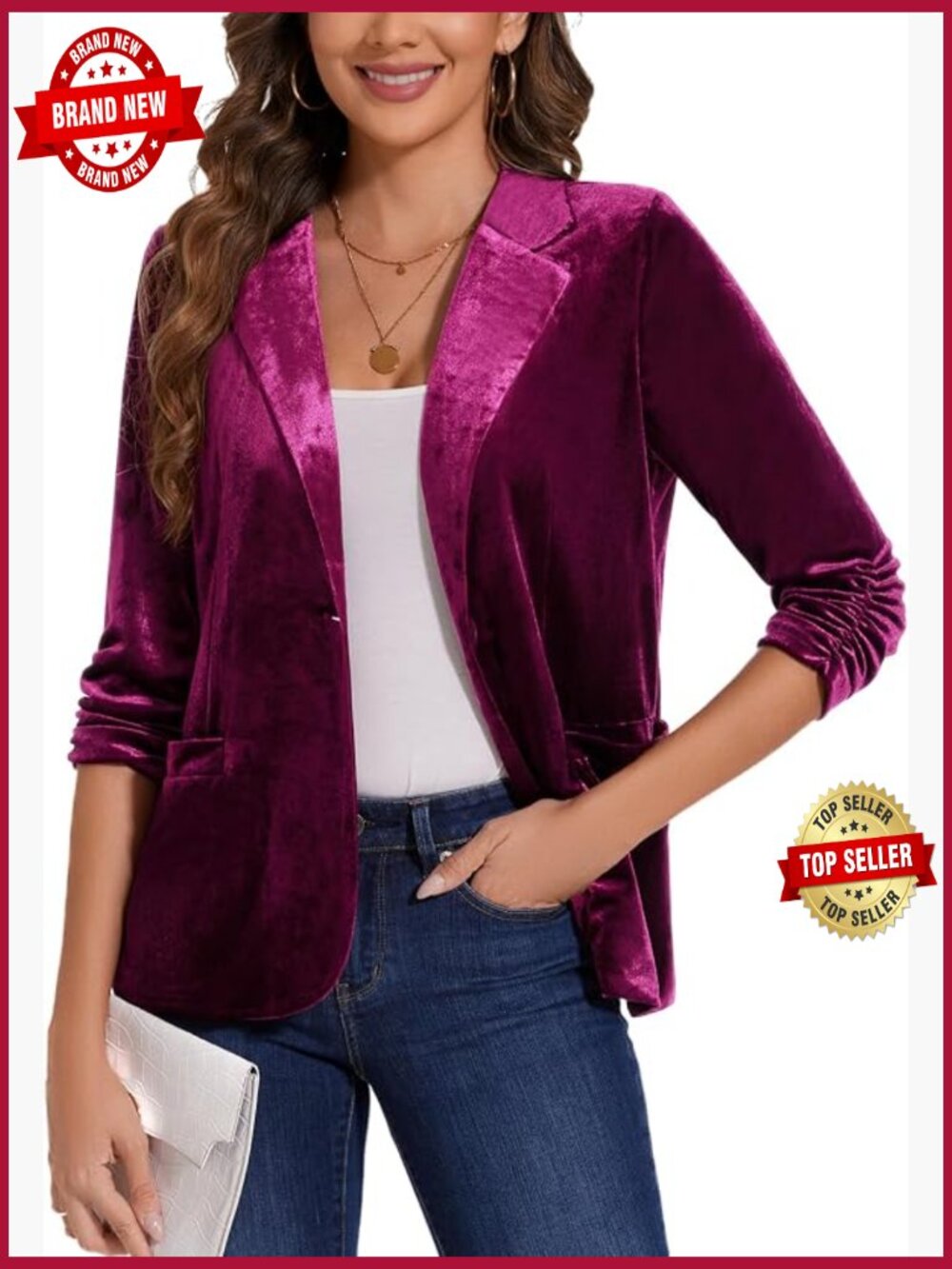 Velvet Blazer Women Ruched 3/4 Sleeve Notch Lapel Blazer With Pockets